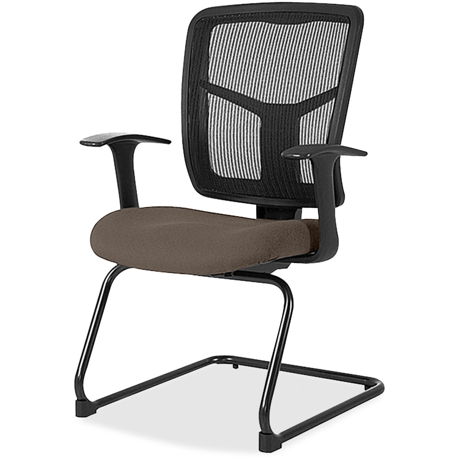 Lorell ErgoMesh Series Mesh Back Guest Chair with Arms, Dillon Java Vinyl Seat, Black Mesh Back, Cantilever Base, Armrest, 1 Each