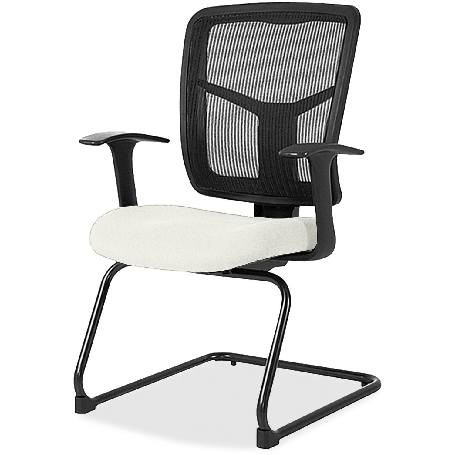 Lorell ErgoMesh Series Mesh Back Guest Chair with Arms, Dillon Snow Vinyl Seat, Black Mesh Back, Cantilever Base, 1 Each