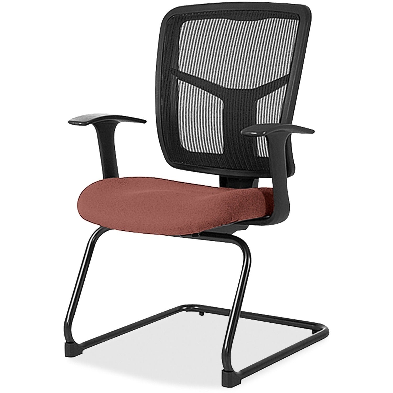 Lorell ErgoMesh Series Mesh Back Guest Chair with Arms, Dillon Cordovan Vinyl Seat, Black Mesh Back, Cantilever Base, 1 Each