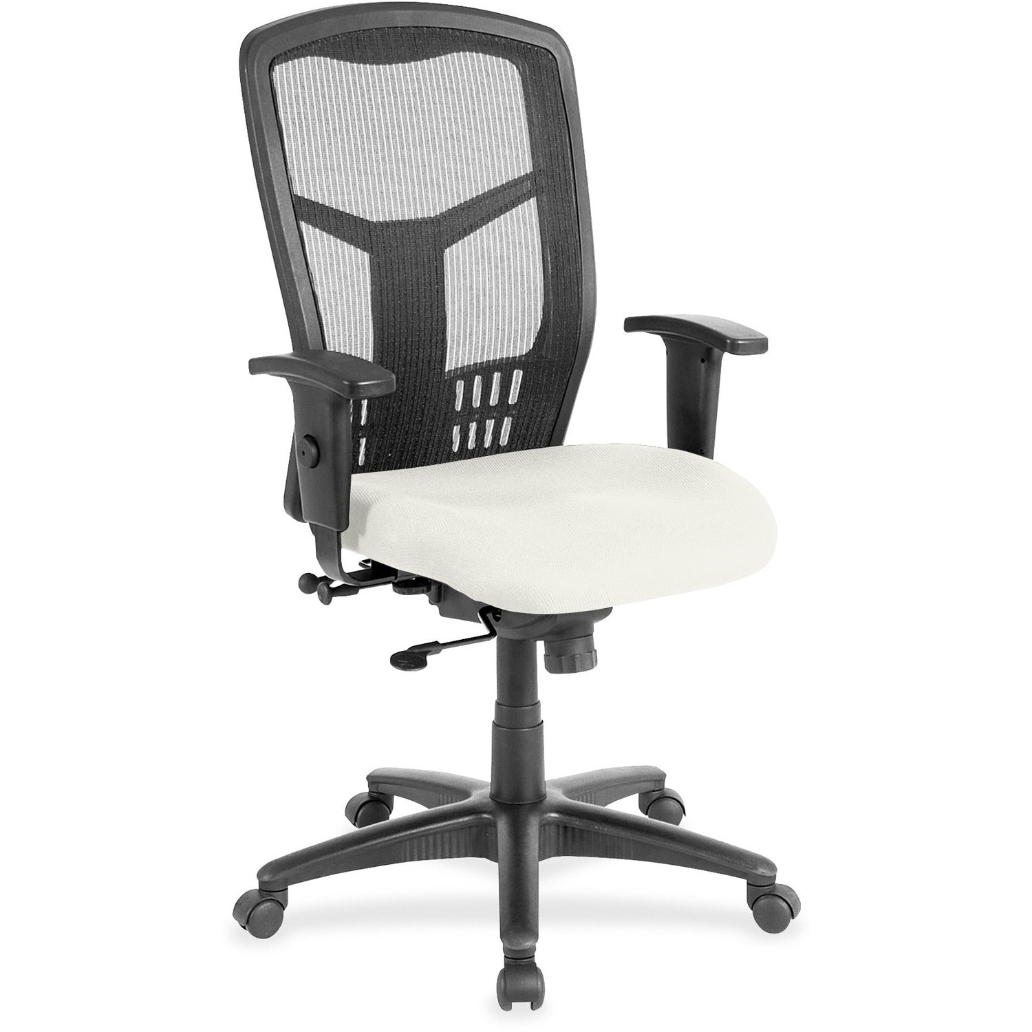 Lorell Executive Mesh High-back Swivel Chair, Dillon Snow Vinyl Seat, Black Mesh Back, Adjustable Armrests, Synchro Tilt, 1 Each