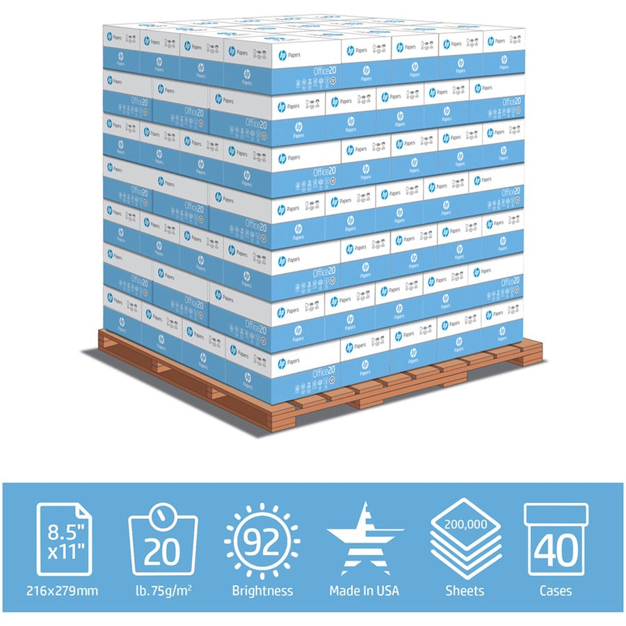 HP Office20 Paper, White, 92 Brightness, Letter Size 8.5" x 11", 20 lb, Smear Resistant, Quick Drying, Acid-Free, 500 Sheets per Ream, 40 Reams per Pallet