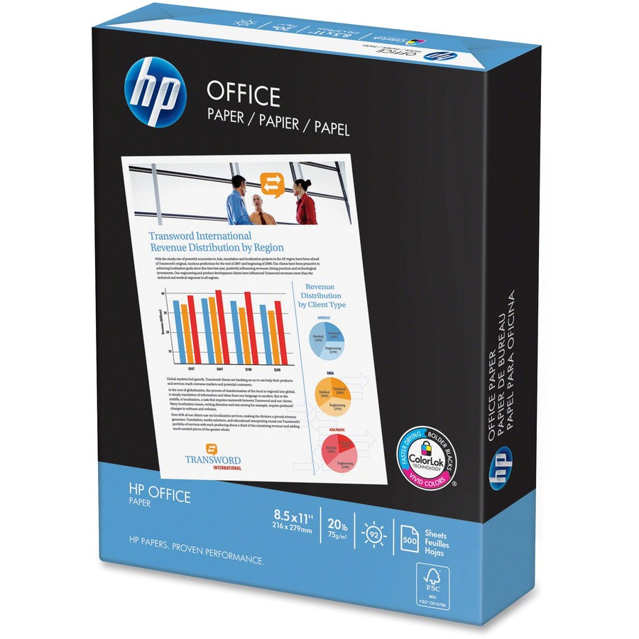 HP Office20 Paper, White, 92 Brightness, Letter Size 8.5" x 11", 20 lb, Smear Resistant, Quick Drying, Acid-Free, 500 Sheets per Ream, 40 Reams per Pallet
