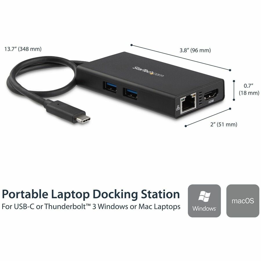 StarTech.com USB-C Docking Station, 1 Each, 60W Power Delivery, 1 HDMI 4K, 2 USB 3.0, 2 USB Type-A, 1 USB Type-C, 1 RJ-45 Gigabit Ethernet, Black, Wired, TAA Compliant