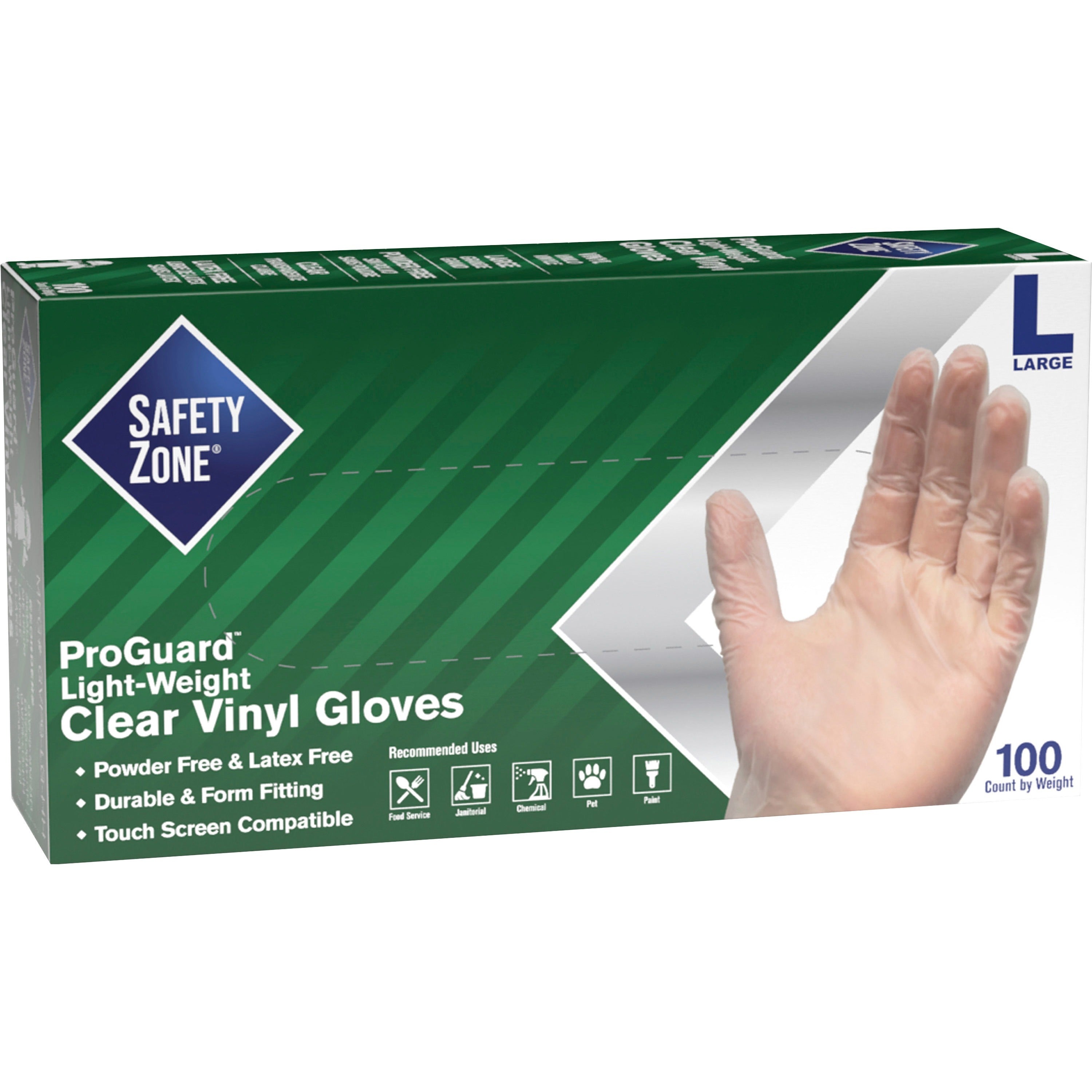 Safety Zone Powder Free Clear Vinyl Gloves, Large, 9.25" Length, Clear, Latex-Free, DEHP-Free, DINP-Free, PFAS-Free, Comfortable, Silicone-Free, 100/Box