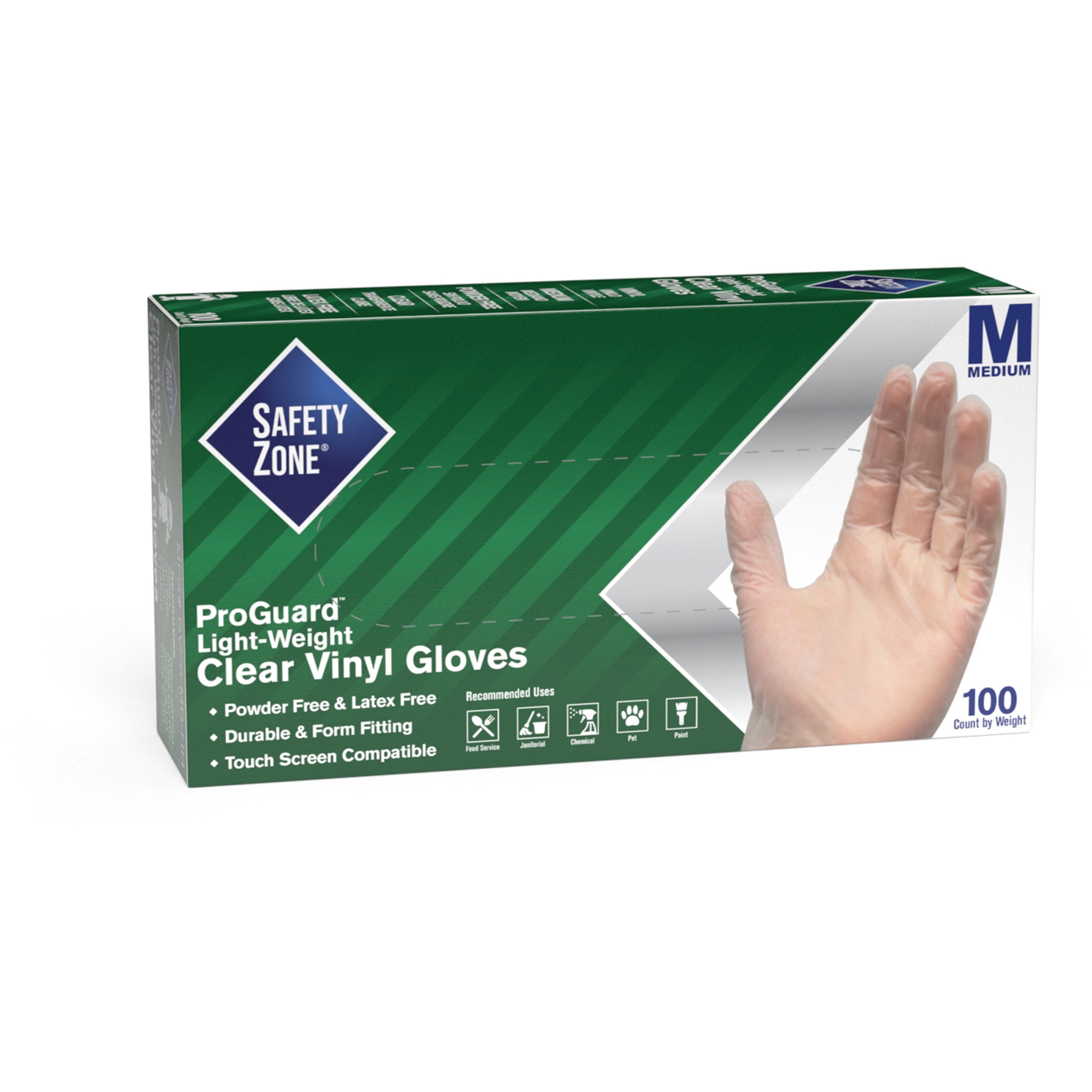 Safety Zone Powder Free Clear Vinyl Gloves, Medium, 9.25" Length, Clear, Latex-Free, DEHP-Free, DINP-Free, PFAS-Free, Comfortable, Silicone-Free, 100/Box