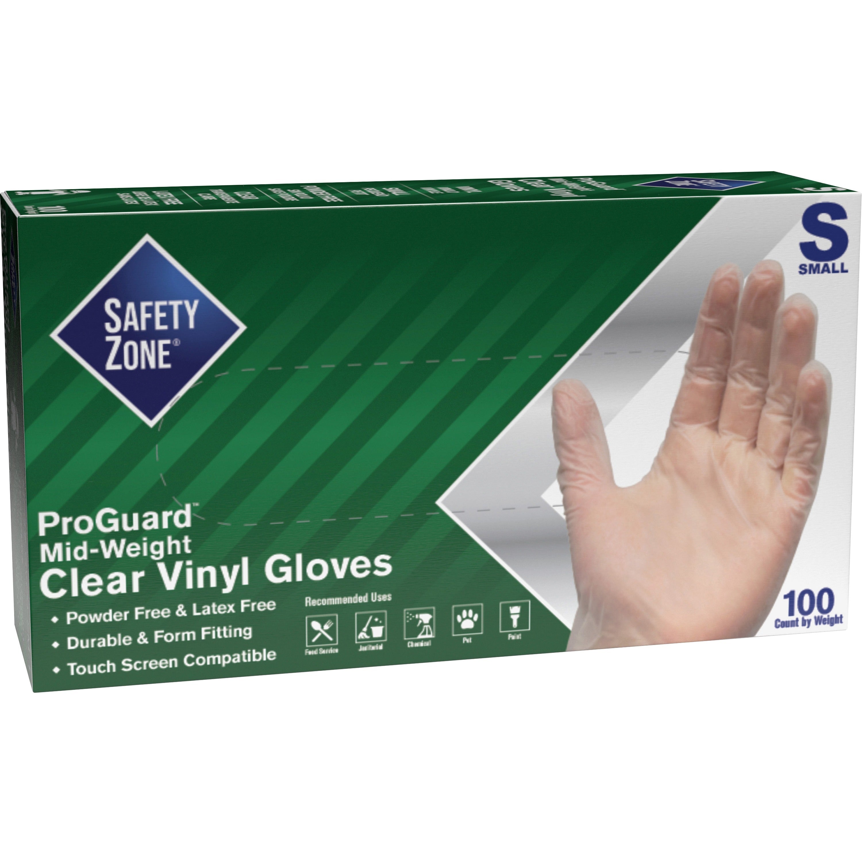 Safety Zone 3 mil Vinyl Gloves, Small, Clear, Latex-free, Silicone-free, Allergen-free, DINP-free, DEHP-free, Powder-free, 100/Box