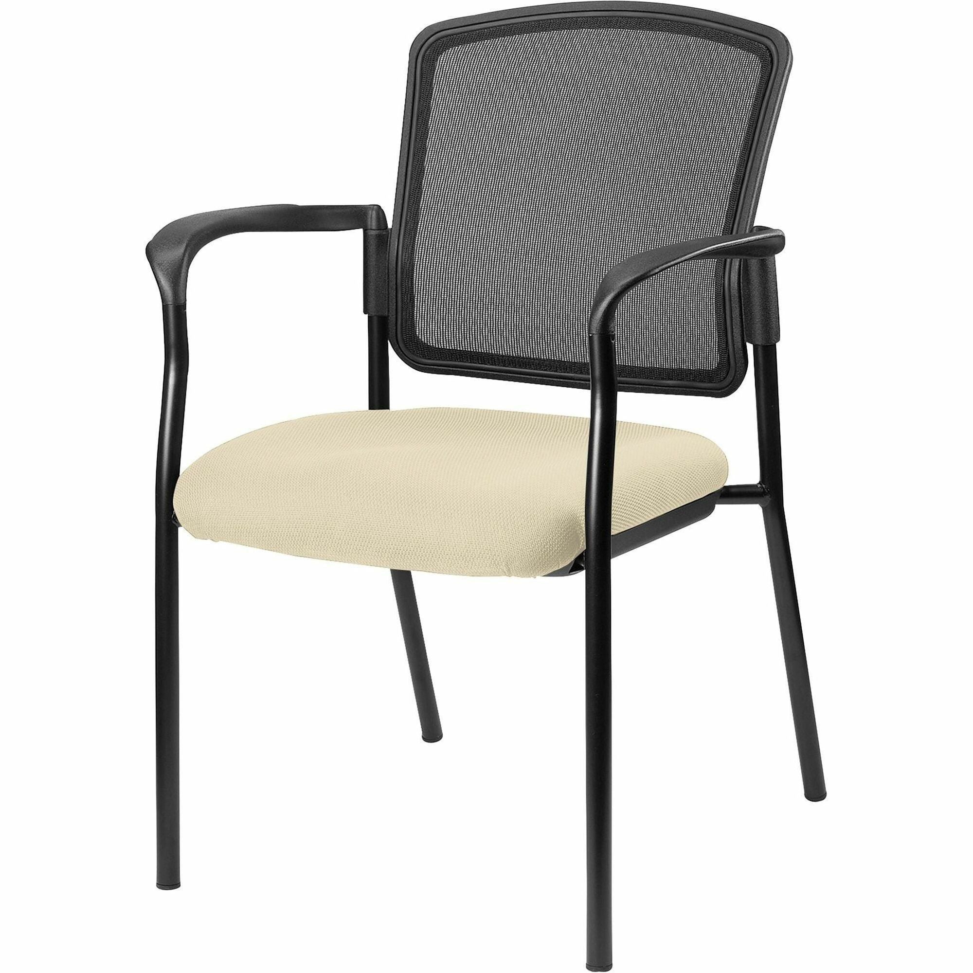 Lorell Stackable Mesh Back Guest Chair, Dillon Buff Vinyl Seat, Black Mesh Back, Powder Coated Steel Frame, Four-Legged Base, Armrests, 1 Each