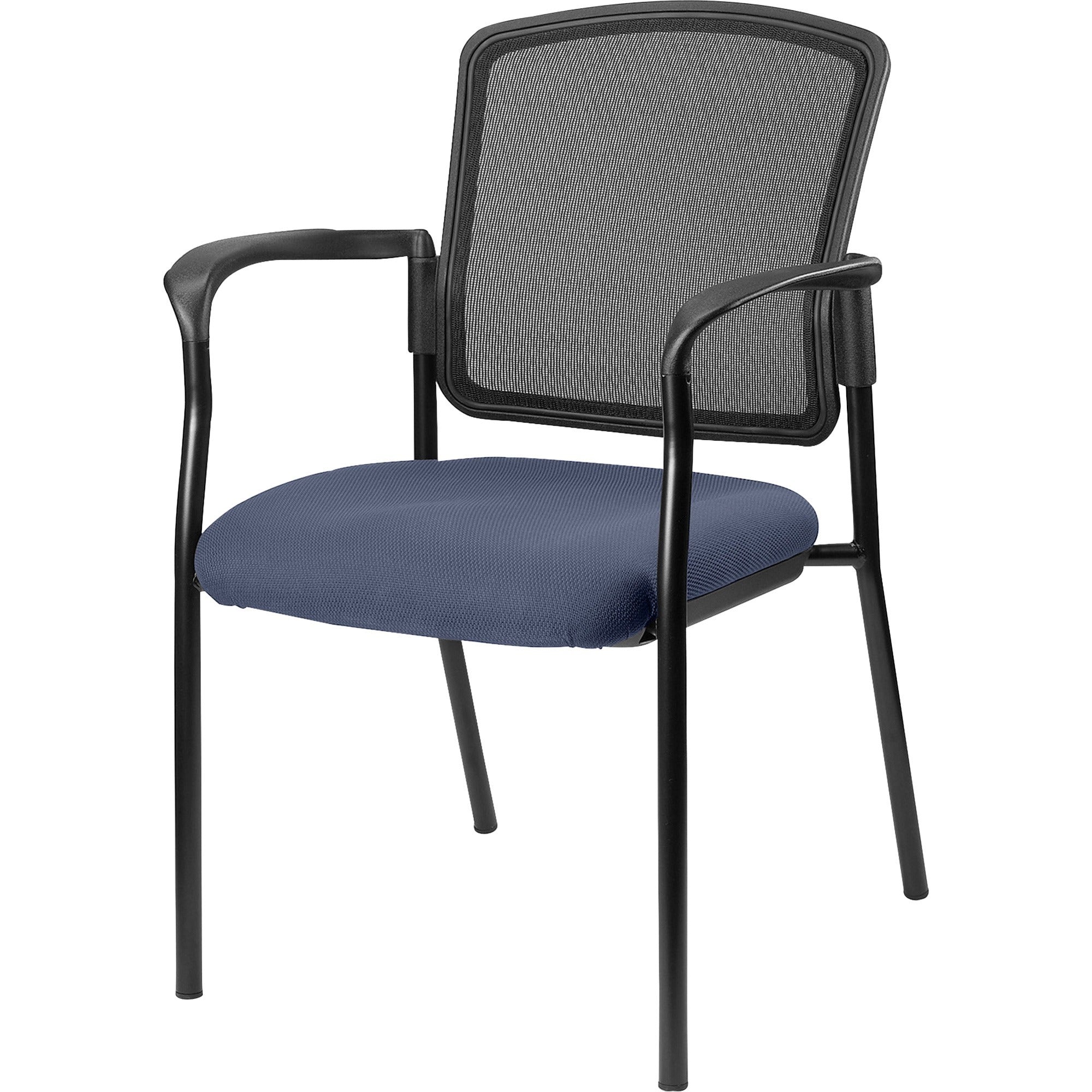 Lorell Mesh Back Stackable Guest Chair, Dillon Ocean Vinyl Seat, Black Mesh Back, Powder Coated Steel Frame, Four-Legged Base, Armrests, 1 Each