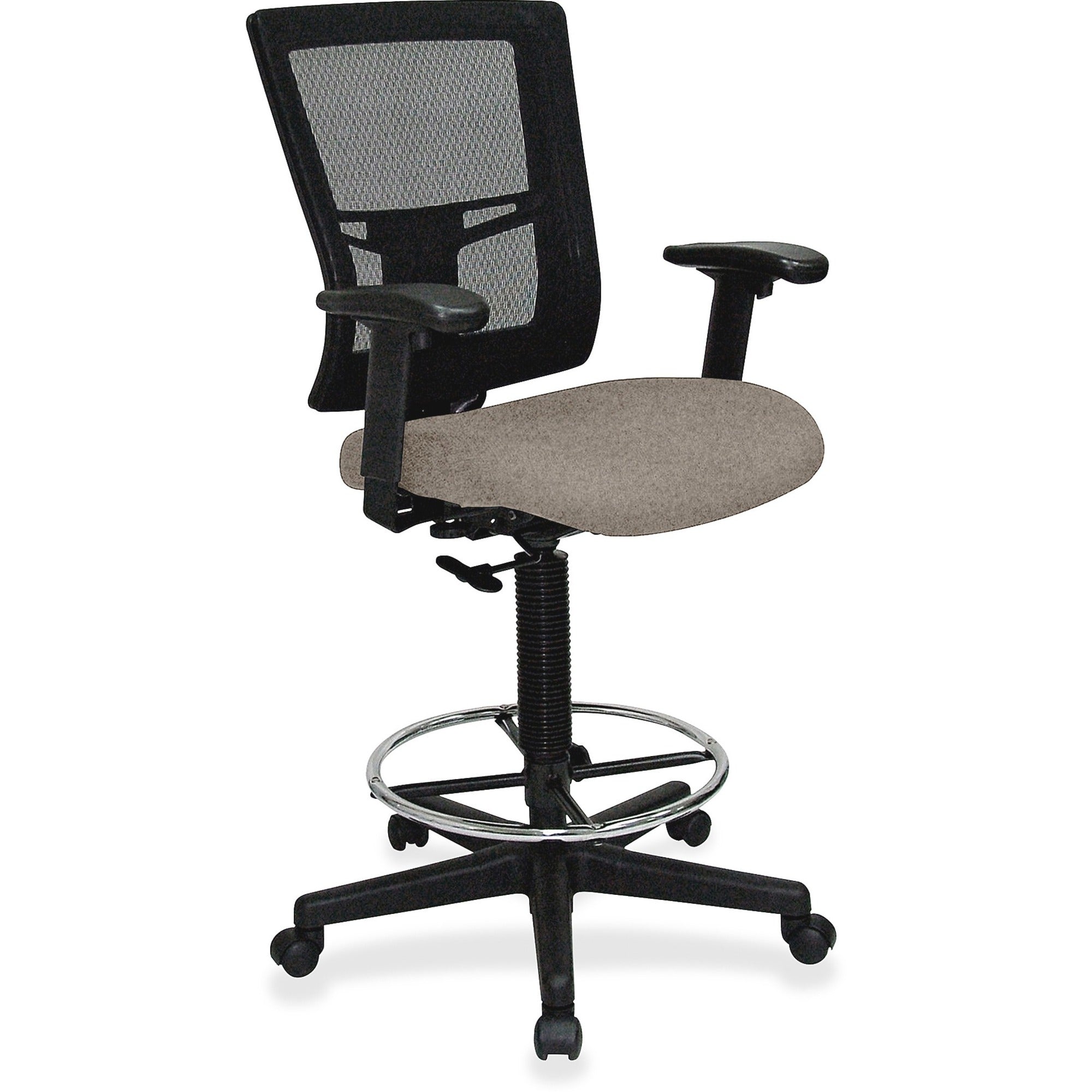 Lorell Mesh Back Drafting Stool, Dillon Stratus Vinyl Seat, Black Mesh Mid Back, 5-Star Base, Adjustable Arms, Brown/Stratus, 1 Each