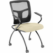 Lorell Ergomesh Nesting Chairs with Arms, Dillon Buff Vinyl Seat, Black Mesh Back, Gray Powder Coated Metal Frame, Four-Legged Base, Armrests, 2 Chairs per Carton