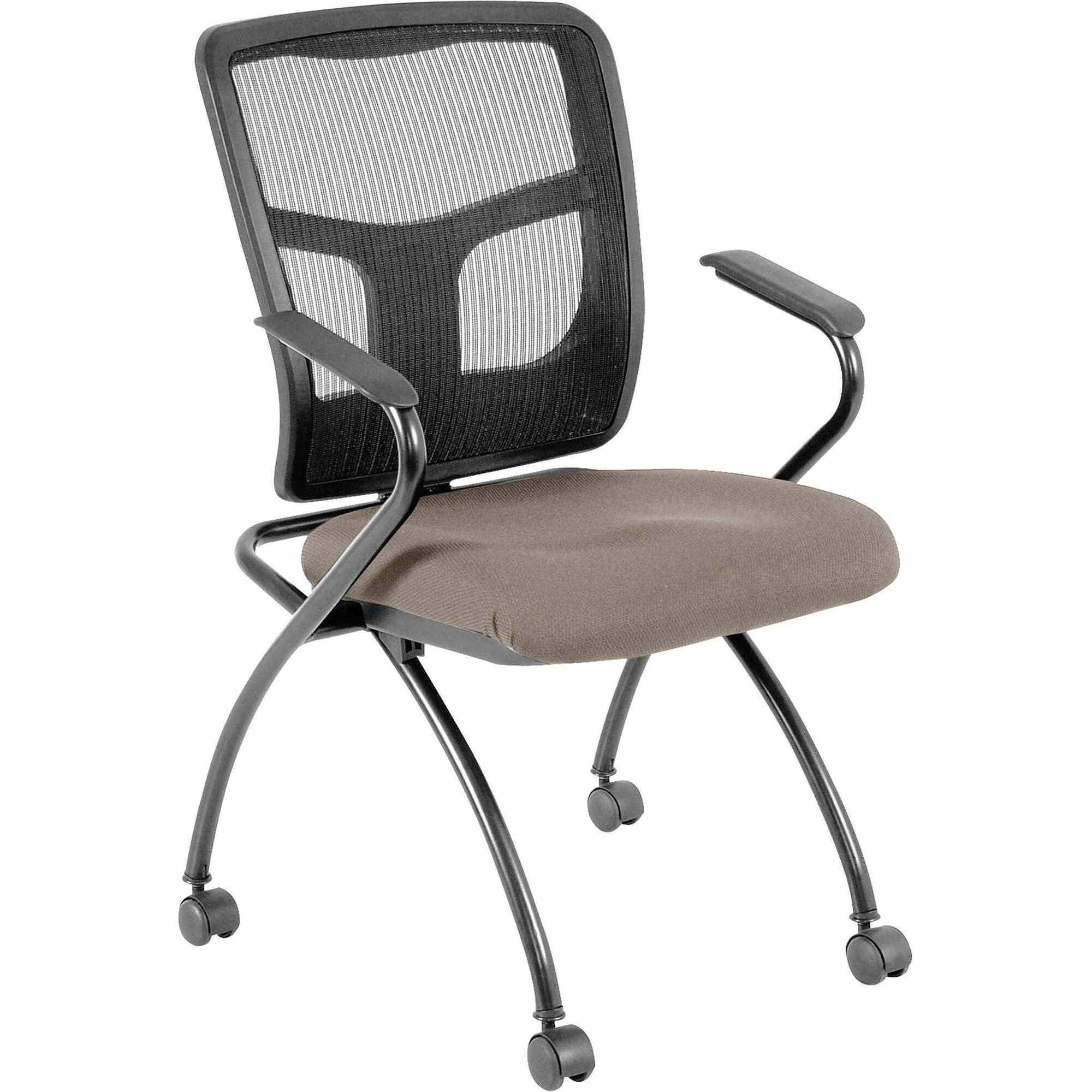 Lorell Ergomesh Nesting Chairs with Arms, Dillon Stratus Vinyl Seat, Black Mesh Back, Gray Powder Coated Metal Frame, Four-Legged Base, Armrests, 2 per Carton