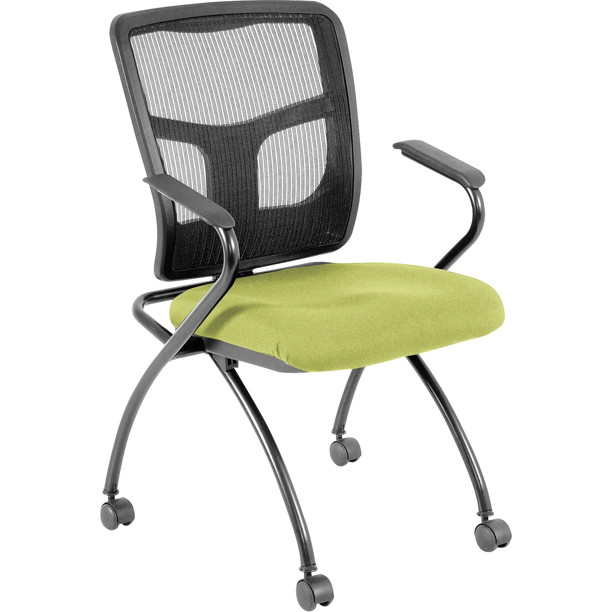 Lorell Mesh Back Nesting Training/Guest Chairs, Dillon Apple Green Vinyl Seat, Black Mesh Back, Gray Powder Coated Metal Frame, Four-Legged Base with Armrests, 2 Chairs per Carton