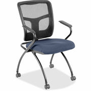 Lorell Ergomesh Nesting Chairs with Arms, Dillon Ocean Vinyl Seat, Black Mesh Back, Gray Powder Coated Metal Frame, Four-Legged Base, Armrests, 2 per Carton