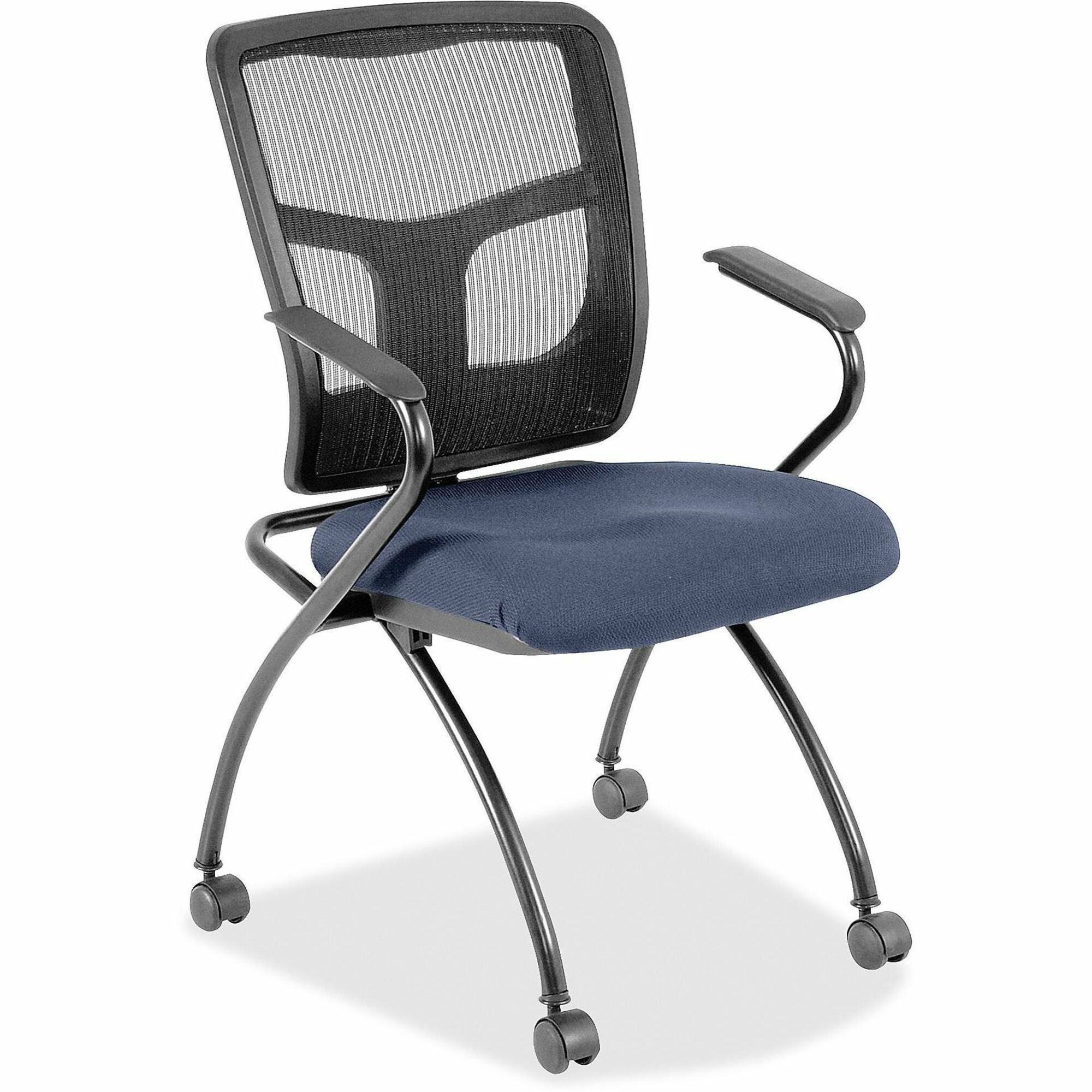 Lorell Ergomesh Nesting Chairs with Arms, Dillon Ocean Vinyl Seat, Black Mesh Back, Gray Powder Coated Metal Frame, Four-Legged Base, Armrests, 2 per Carton