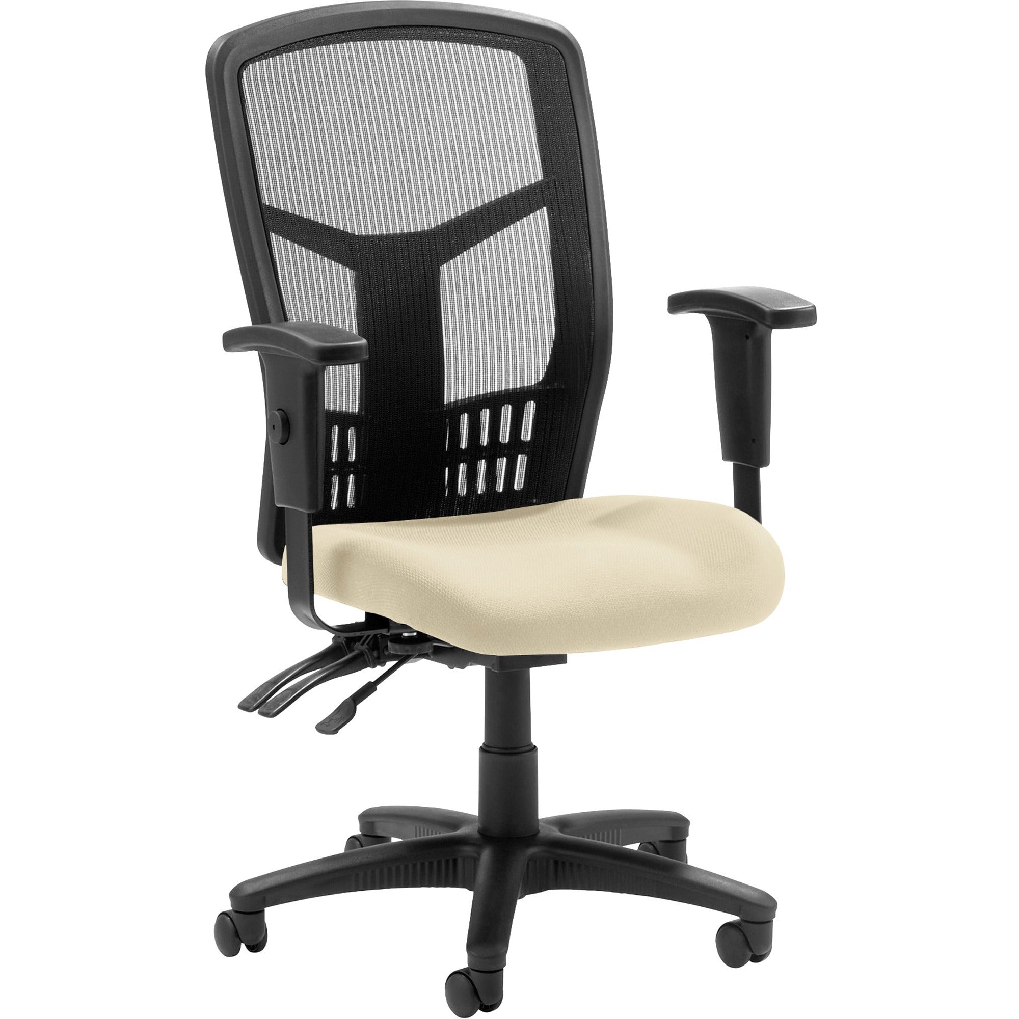 Lorell Executive High-back Mesh Chair, Dillon Buff Vinyl Seat, Black Mesh Back, Adjustable Arms, 5-star Base, 1 Each