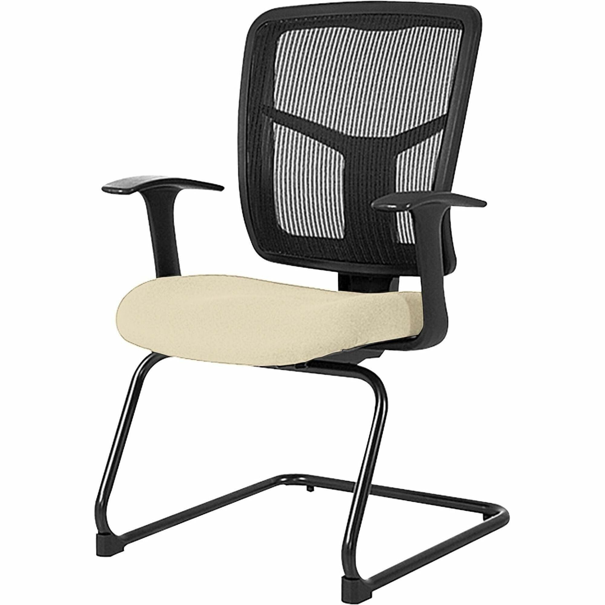 Lorell Ergomesh Series Mesh Guest Chair, Dillon Buff Vinyl Seat, Black Mesh Back, Cantilever Base, Adjustable Armrests, 1 Each