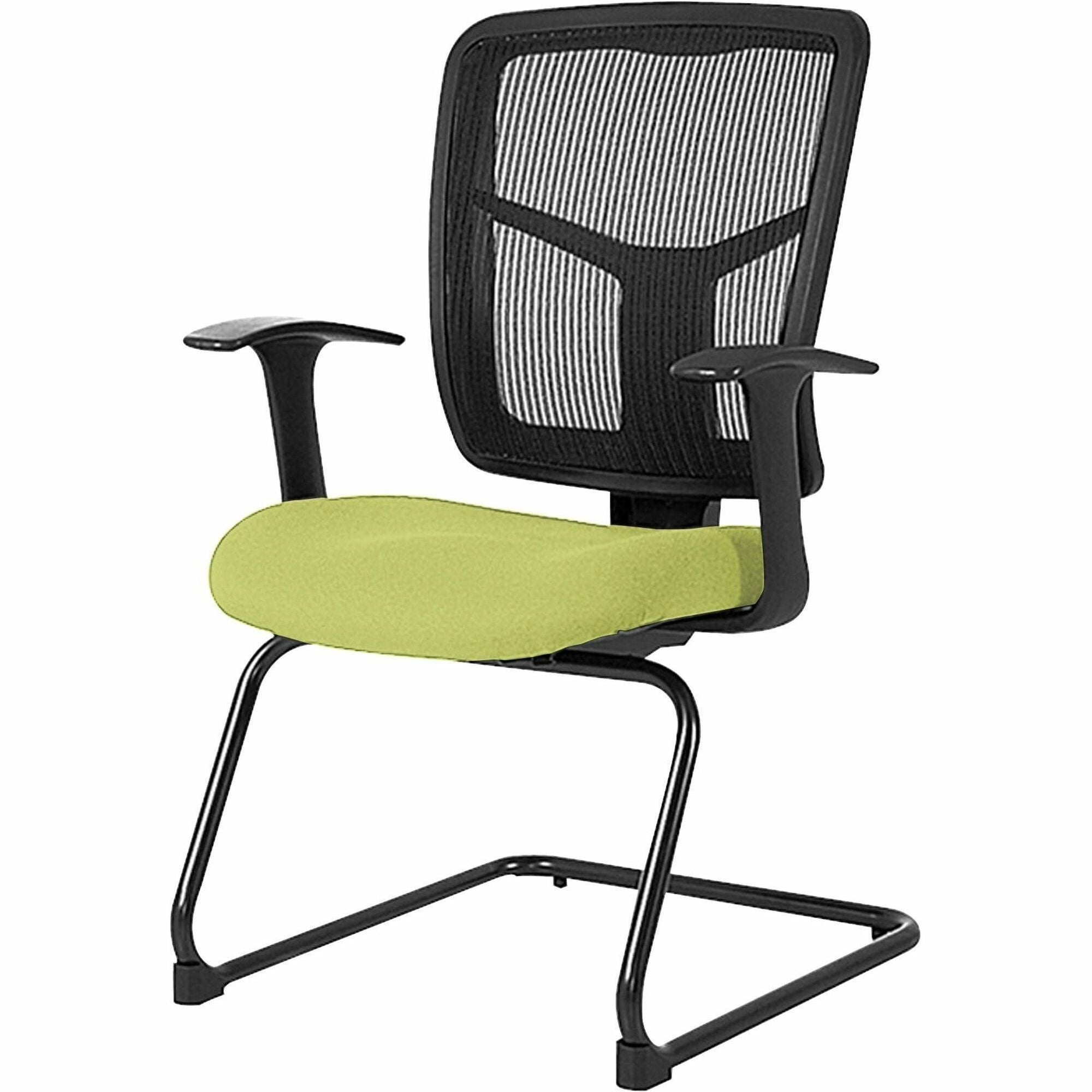 Lorell Ergomesh Series Mesh Guest Chair, Dillon Apple Green Vinyl Seat, Black Mesh Back, Cantilever Base, Adjustable Armrests, 1 Each