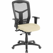 Lorell Ergomesh Executive High-Back Swivel Chair, Dillon Buff Vinyl Seat, Black Mesh High Back, Adjustable Armrests, 1 Each