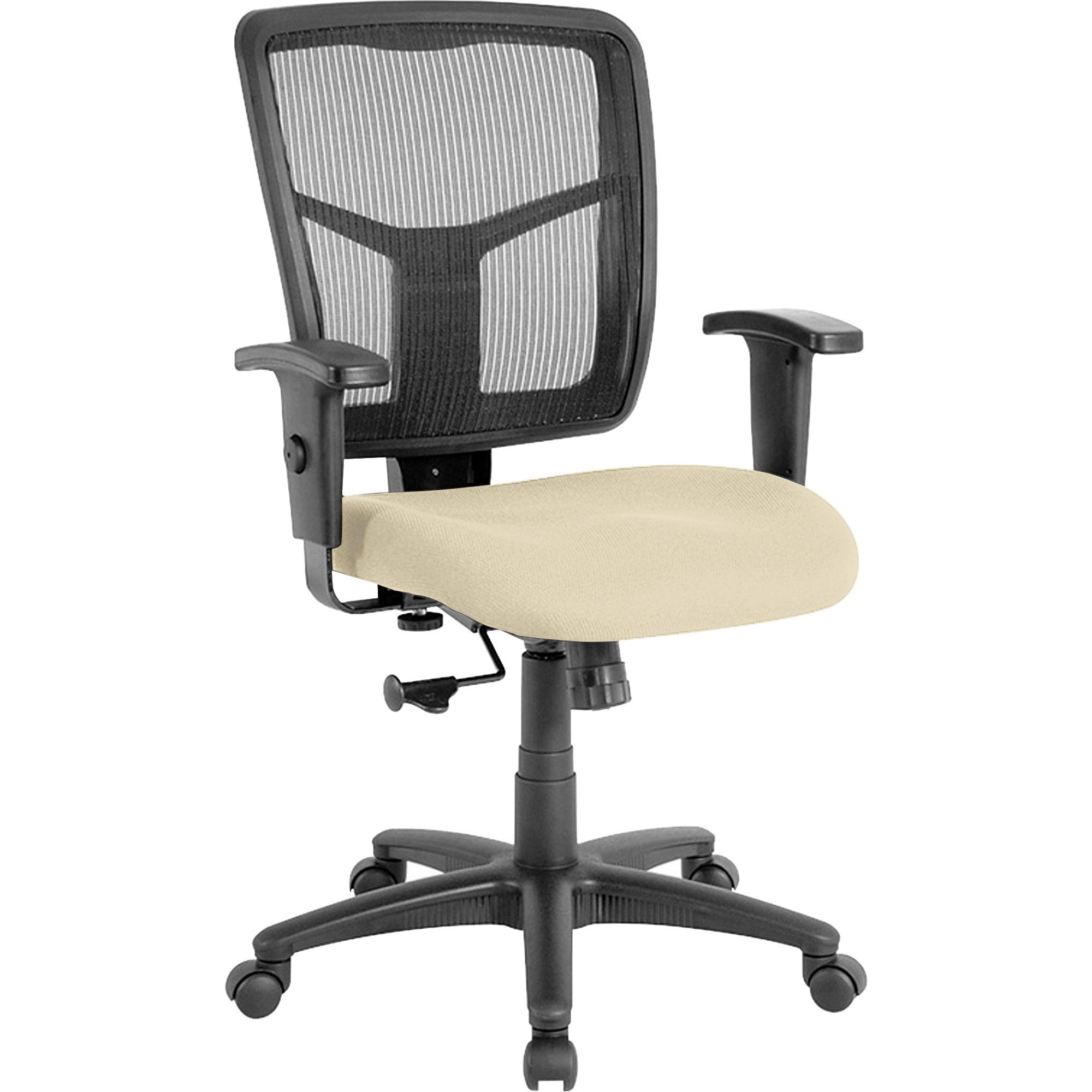 Lorell Ergomesh Managerial Mesh Mid-back Chair, Dillon Buff Vinyl Seat, Black Mesh Back, Black Frame, 5-star Base, Beige, 1 Each