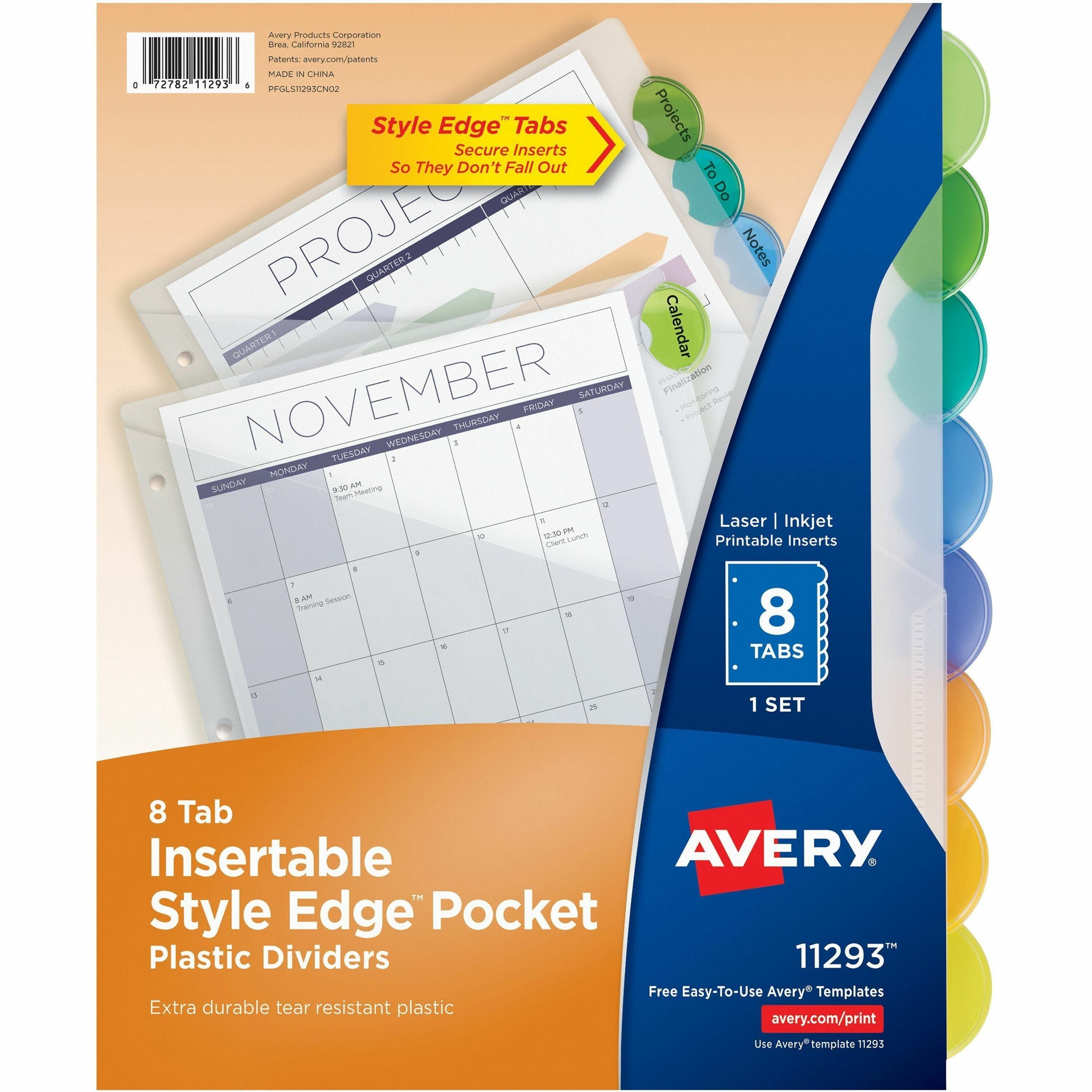 Avery&reg; Insertable Style Edge Plastic Dividers with Pockets, 8-tab