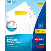 Avery Big Tab Printable White Label Dividers, 5 Tabs/Set, 20 Sets (100 Dividers), 8.5" x 11", White, 3-Hole Punched, Paper, Printable, Writable, Reinforced Holes, Easy Peel