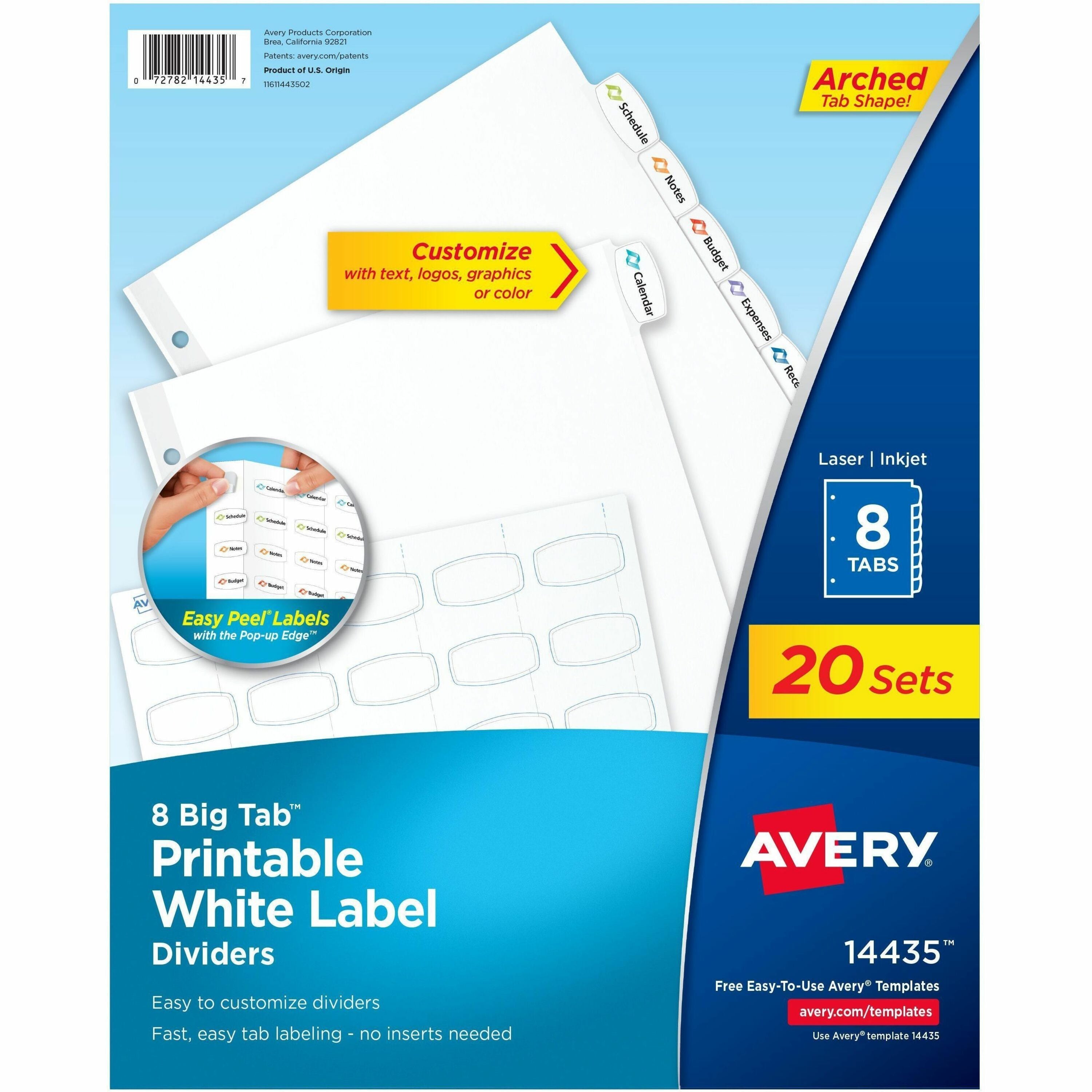 Avery Big Tab Printable White Label Dividers, 8 Tabs per Set, 20 Sets, 160 Dividers Total, 8.5" x 11", White, 3-Hole Punched, 20% Recycled Paper