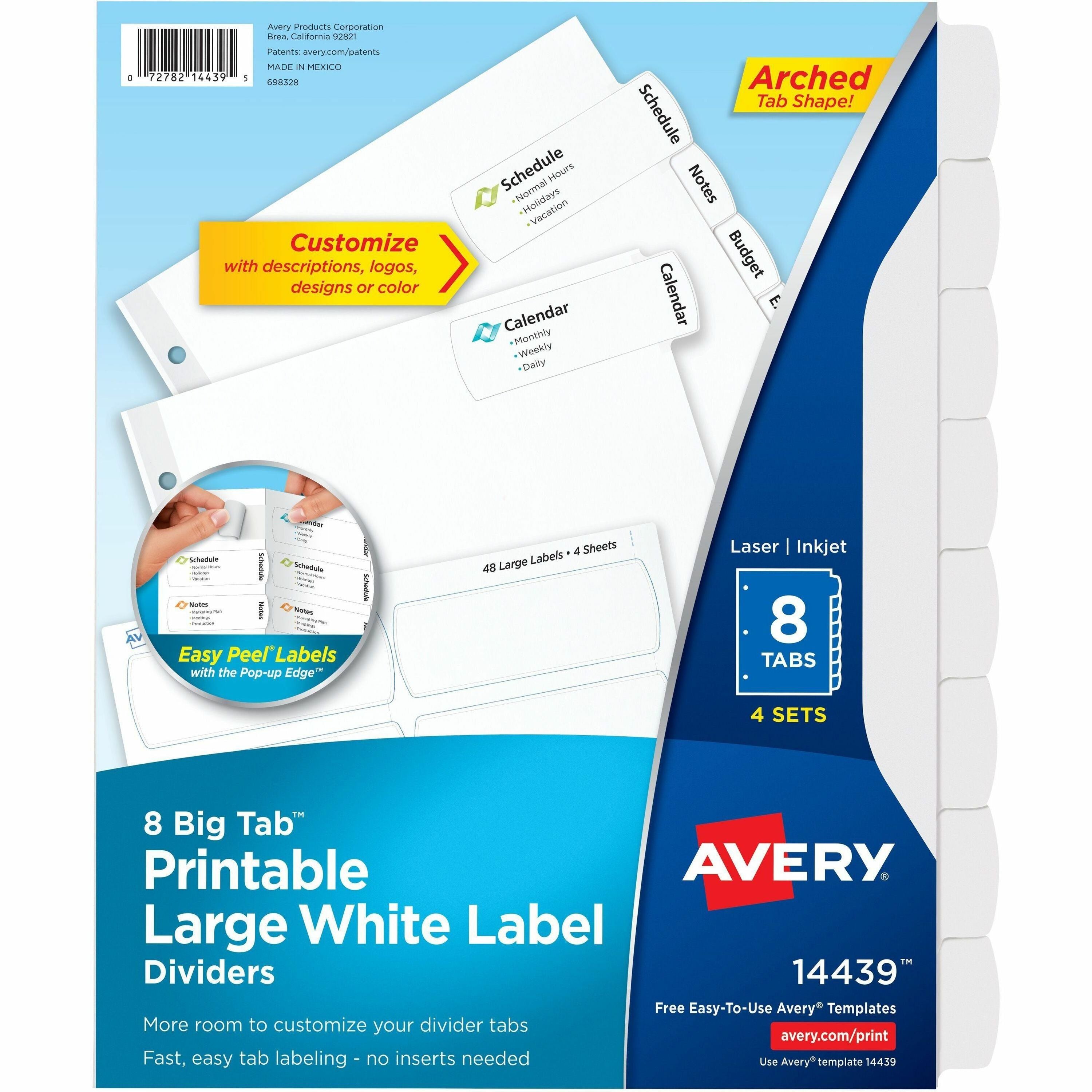 Avery Big Tab Tab Divider, 32 Dividers, 8 Tabs/Set, 8.5" x 11", 3-Hole Punched, White Paper, 20% Recycled, 4 Pack