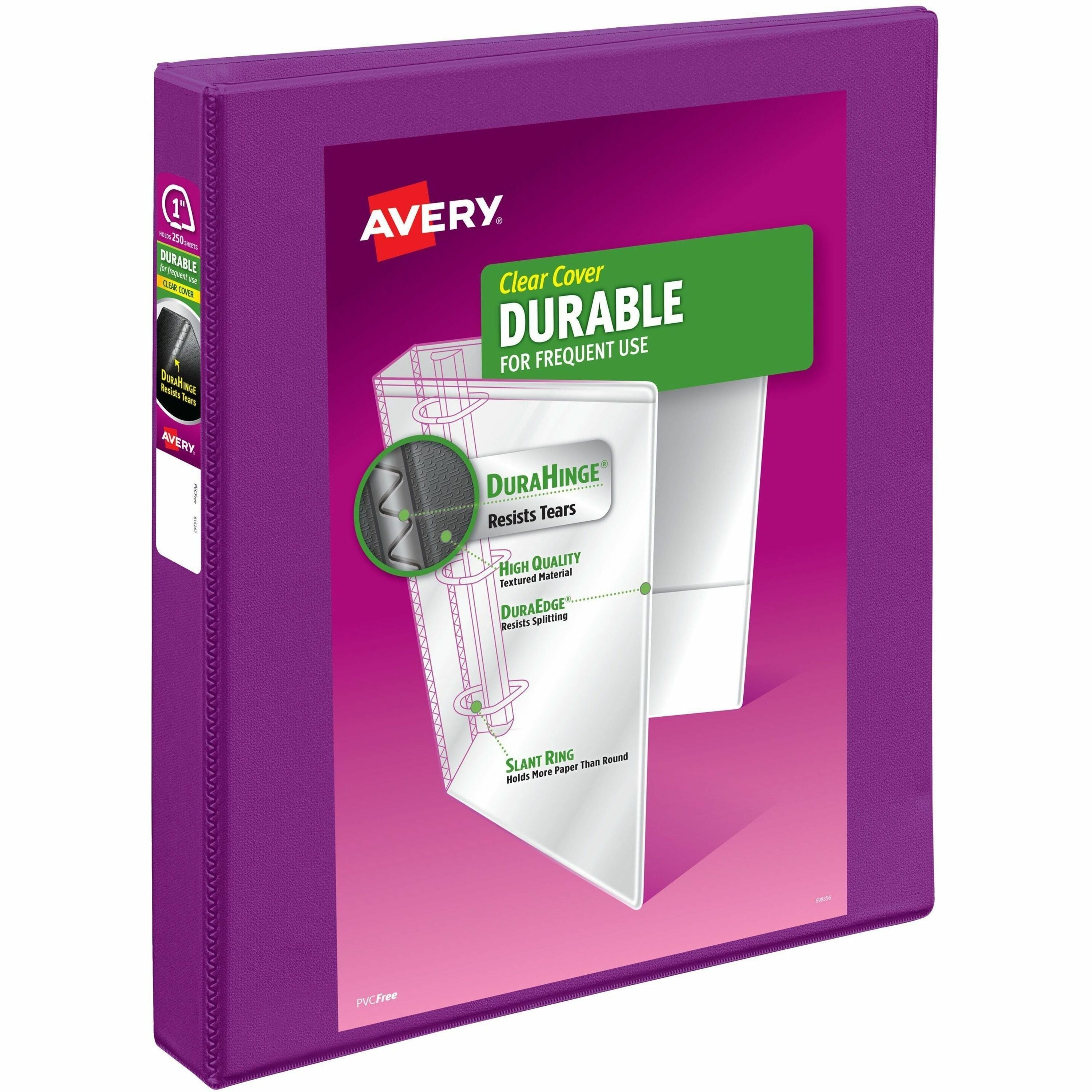 Avery Durable View Binder, 1" Slant Rings, 250-Sheet Capacity, Letter Size, 2 Internal Pockets, Polypropylene, Purple, 1 Each