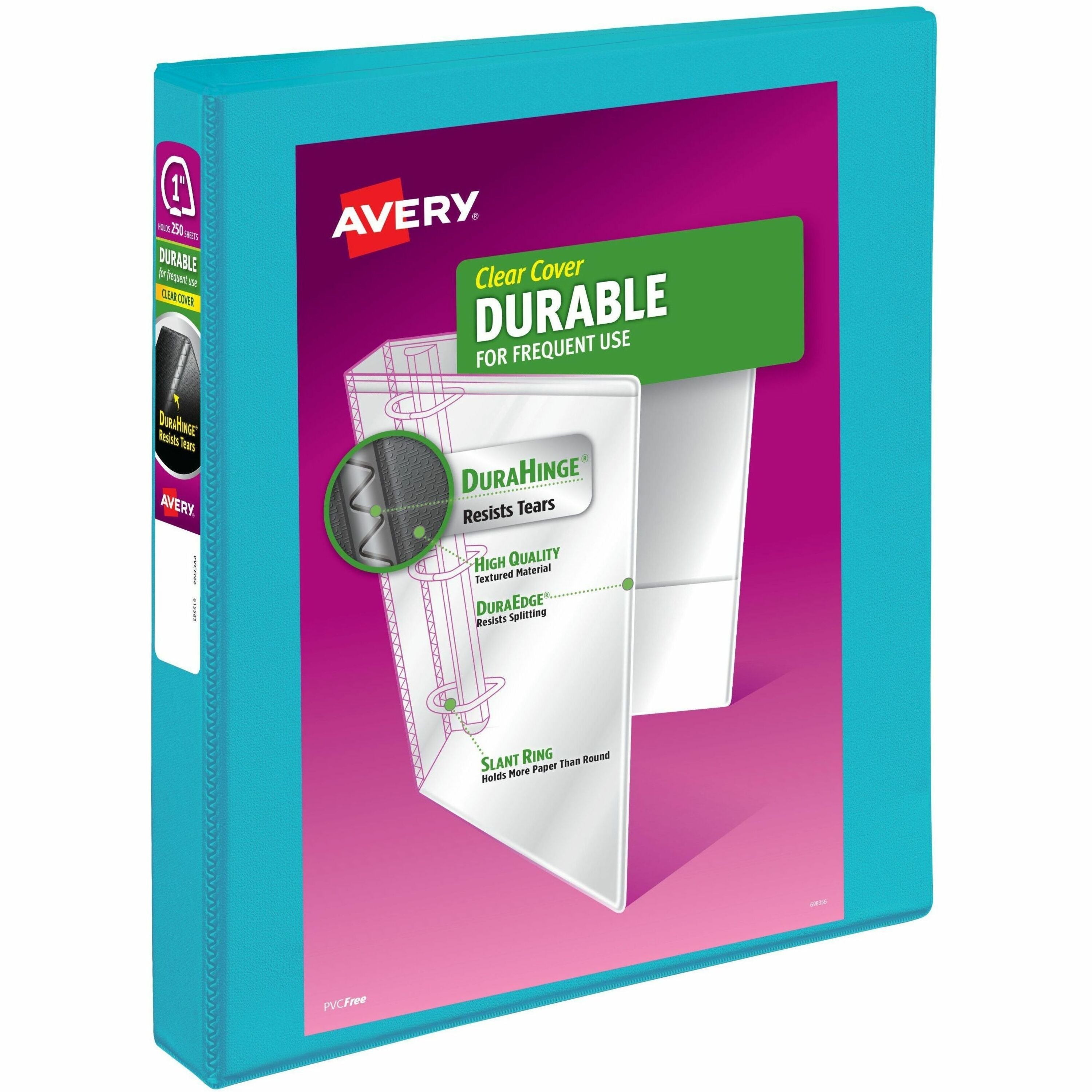 Avery Durable View Binder, 1" Slant Rings, 250-Sheet Capacity, Letter Size, 1.4" Spine, 2 Pockets, Polypropylene, Aqua, 1 Each