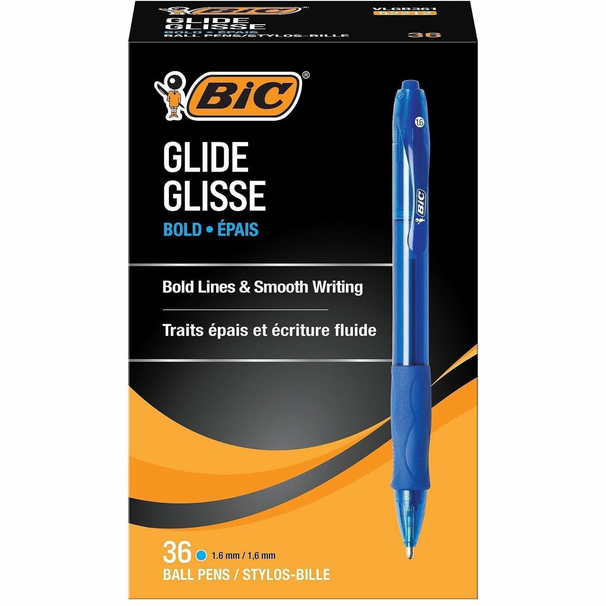 BIC Glide Bold 1.6 mm Bold Point Refillable Retractable Blue Ink Ballpoint Pens, Blue Barrel, 36/Box