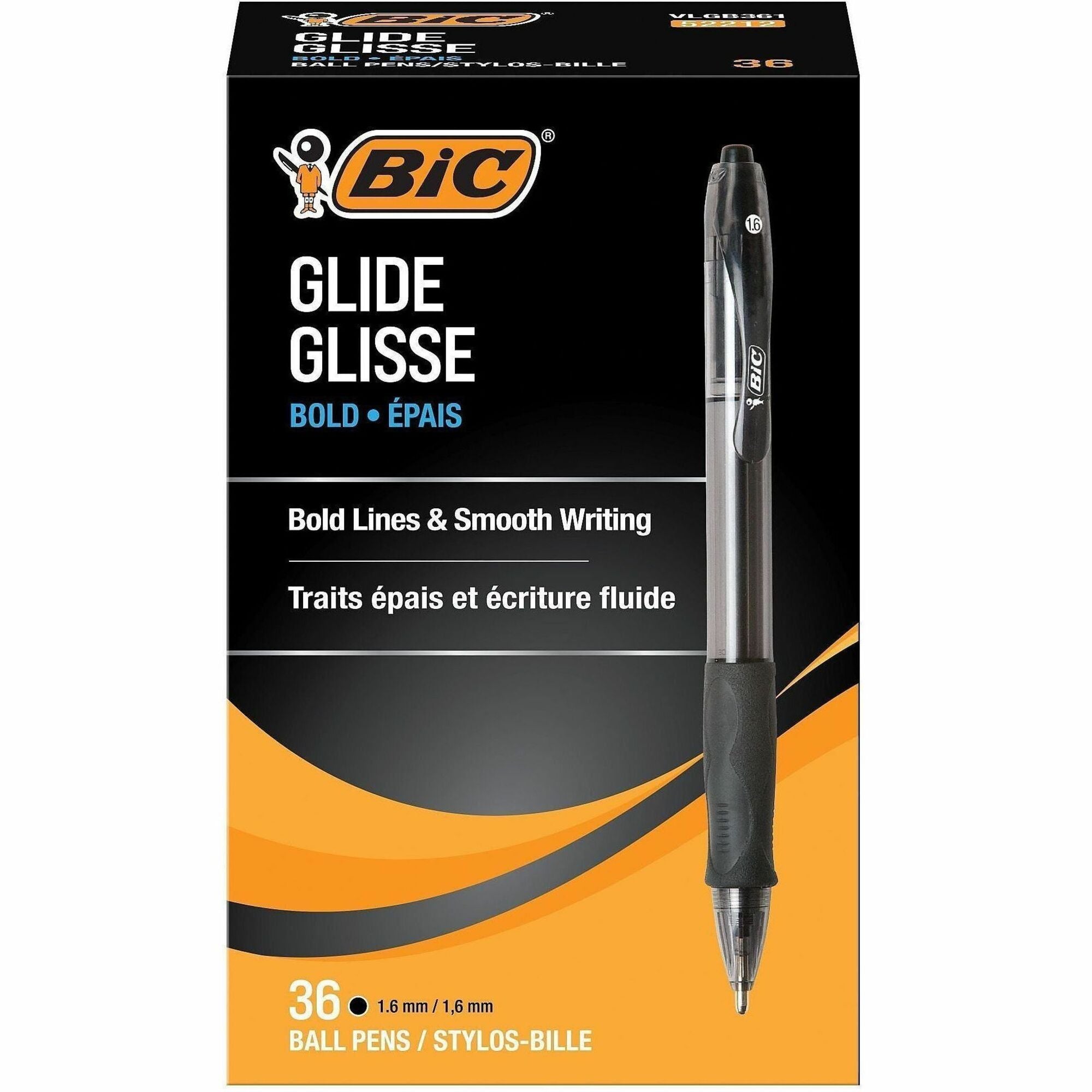BIC Velocity Glide Bold Ballpoint Pens, 1.6 mm Bold Point, Retractable, Black Ink, Black Barrel, Rubber Grip, 36/Box