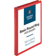 Business Source Round Ring Binder, 1/2" Capacity, 2 Internal Pockets, Clear Overlay, Red, 1 Each