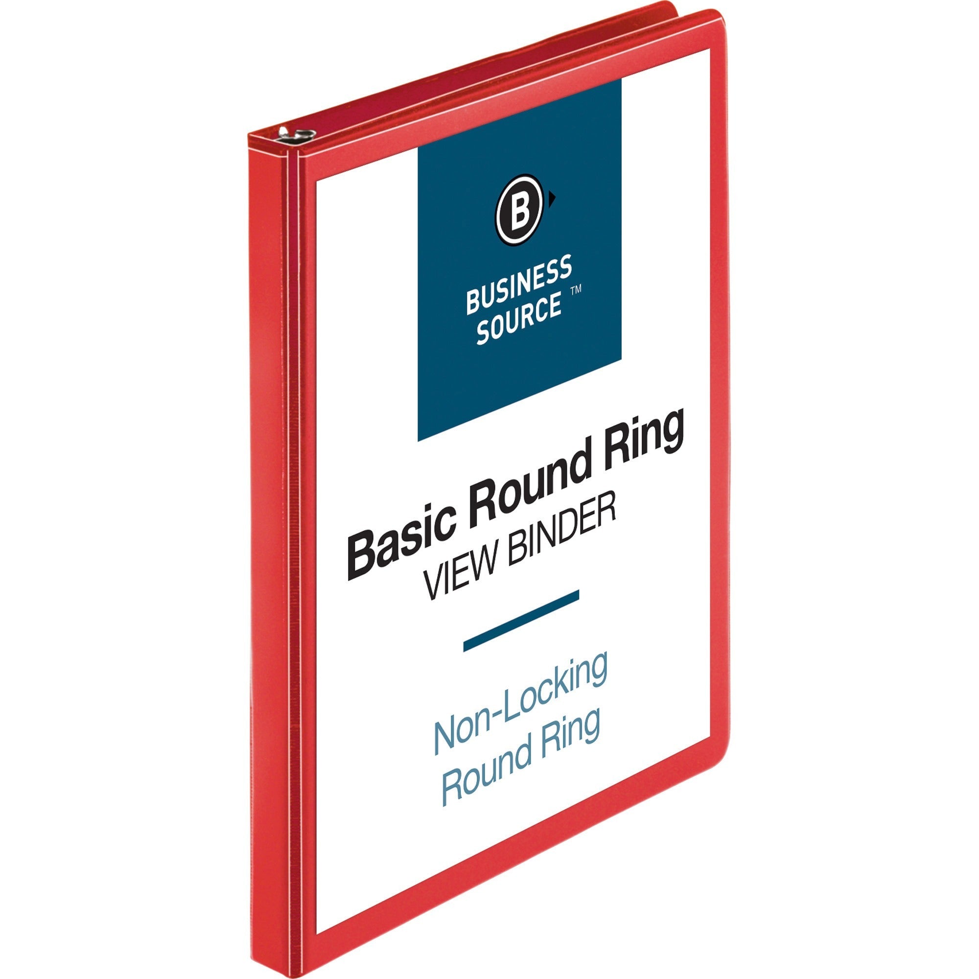 Business Source Round Ring Binder, 1/2" Capacity, 2 Internal Pockets, Clear Overlay, Red, 1 Each