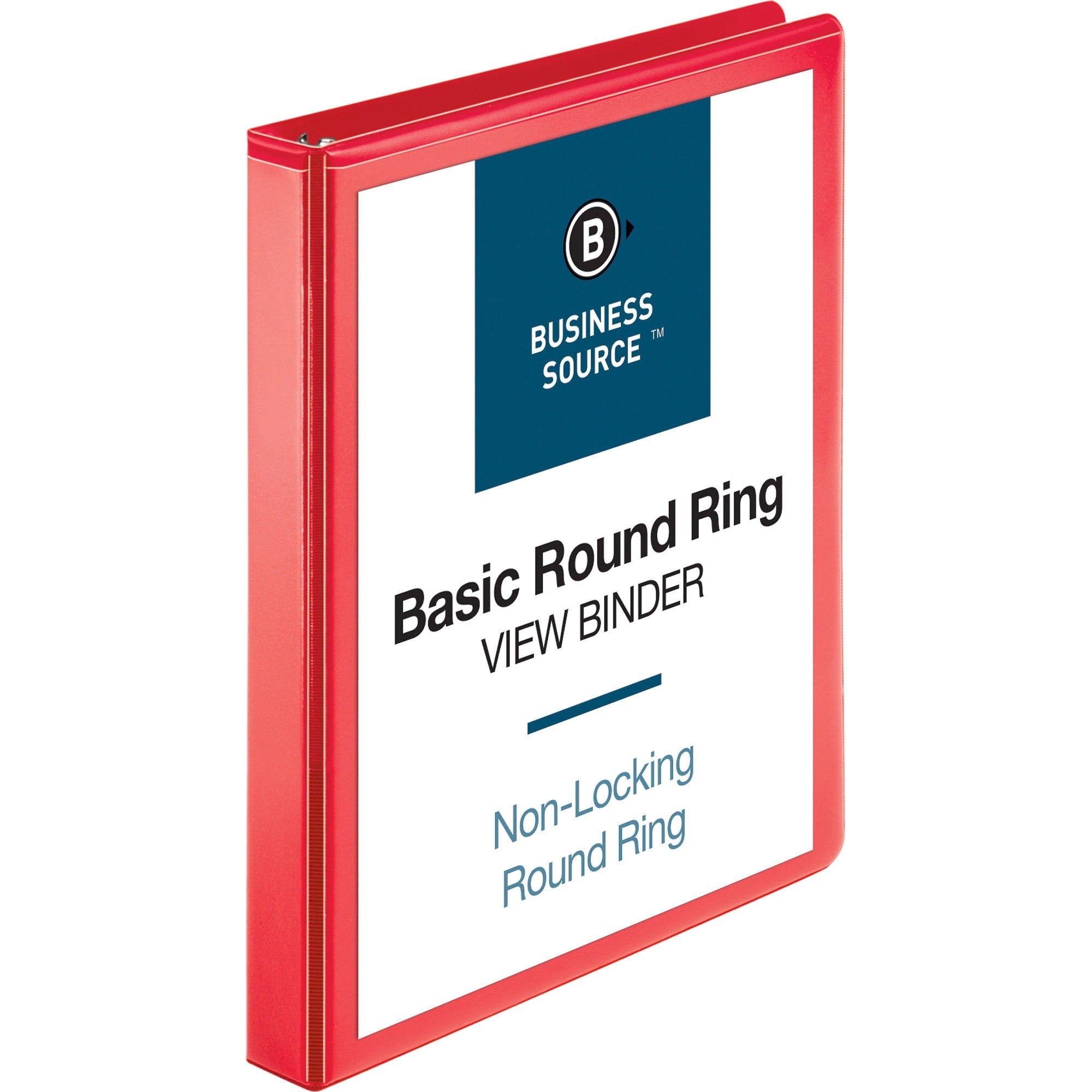 Business Source Round Ring Binder, 1" Capacity, 2 Internal Pockets, Clear Overlay, Labeling Area, Red, 1 Each