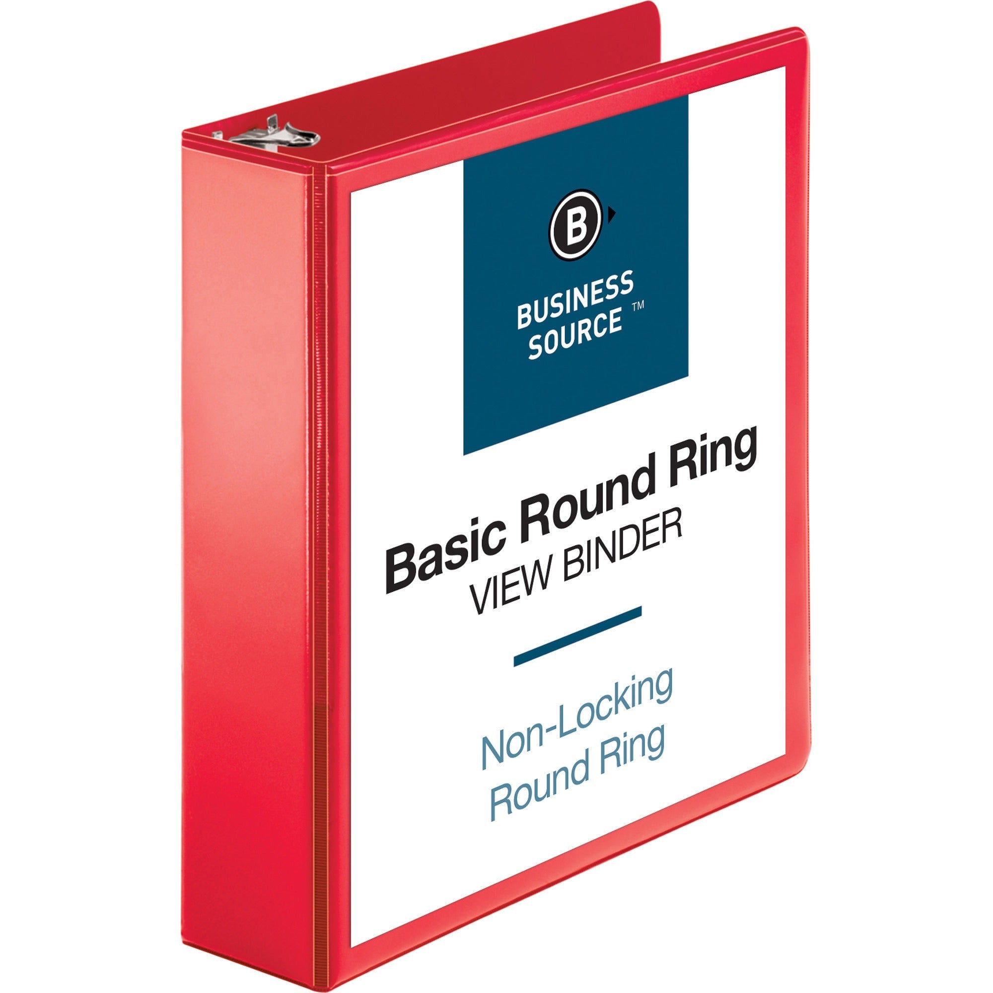Business Source Round Ring Binder, 2" Capacity, 2 Internal Pockets, Clear Overlay, Red, 1 Each