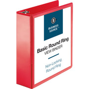 Business Source Round Ring Binder, 3" Capacity, 2 Internal Pockets, Clear Overlay, Labeling Area, Red, 1 Each