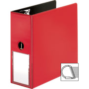 Business Source 5" D-Ring Binder, 1050 Sheet Capacity, Slant D-Ring, Internal Pockets, Transparent, Lay Flat, Label Holder, Red, 1 Each