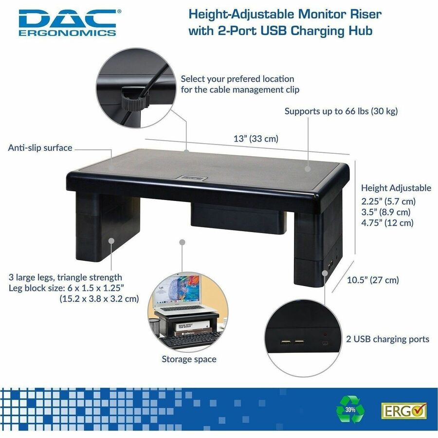 DAC&reg; Stax MP-213 Height-Adjustable Monitor/Laptop Stand with 2-USB Ports, Black