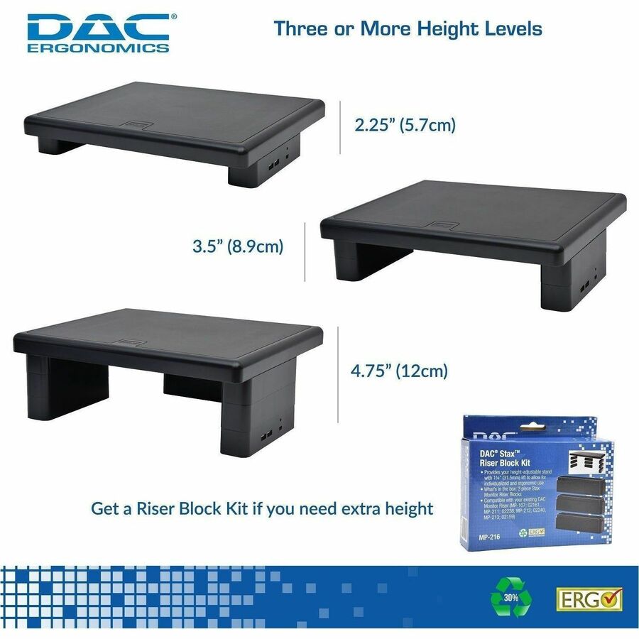 DAC&reg; Stax MP-213 Height-Adjustable Monitor/Laptop Stand with 2-USB Ports, Black