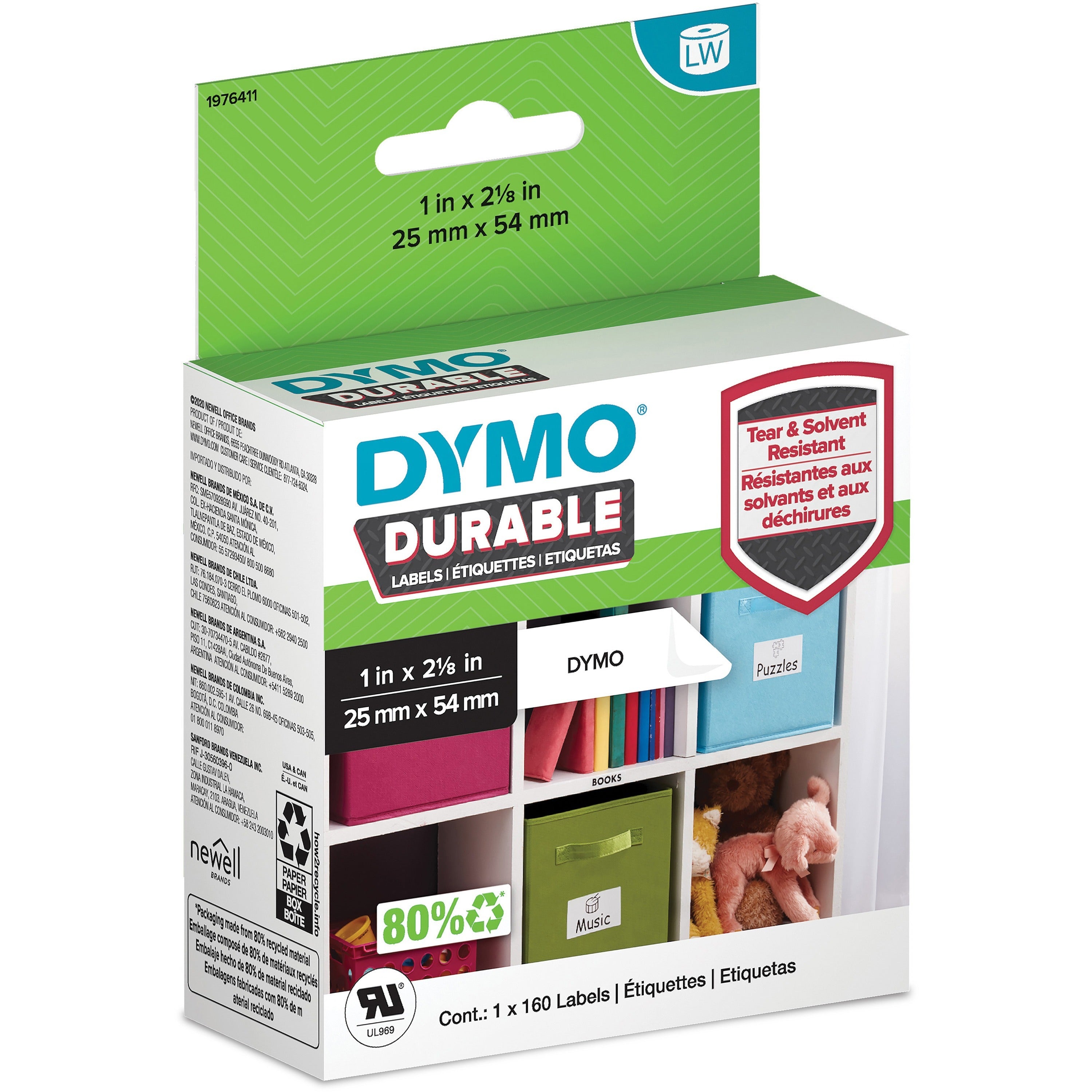 Dymo LabelWriter Labels, 1" x 2 1/8", Permanent Adhesive, Thermal Transfer, White, Plastic/Polypropylene, Water Resistant, 160 Labels per Roll