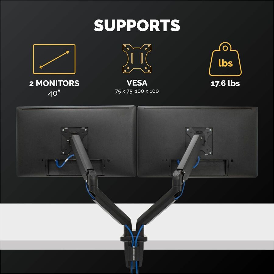 Fellowes Platinum Dual Monitor Arm, Black, Supports 2 Displays up to 46", 40 lb Load Capacity, 1 Each