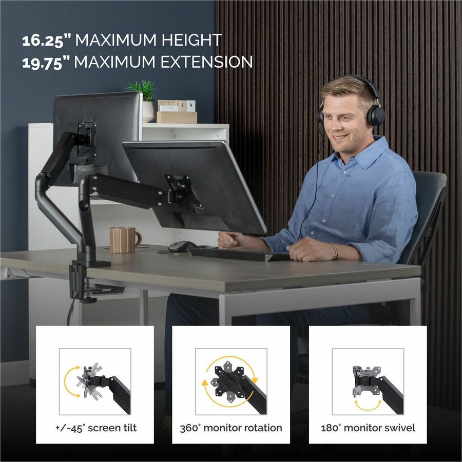 Fellowes Platinum Dual Monitor Arm, Black, Supports 2 Displays up to 46", 40 lb Load Capacity, 1 Each