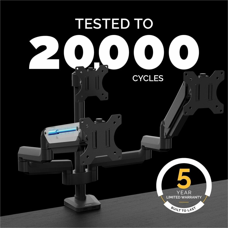 Fellowes Platinum Triple Monitor Arm, Black, Supports 3 Displays up to 90", 60 lb Load Capacity, 1 Each