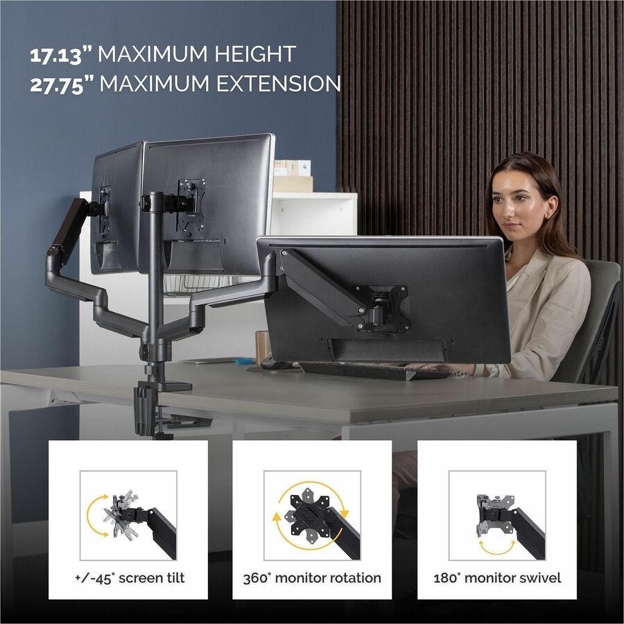 Fellowes Platinum Triple Monitor Arm, Black, Supports 3 Displays up to 90", 60 lb Load Capacity, 1 Each