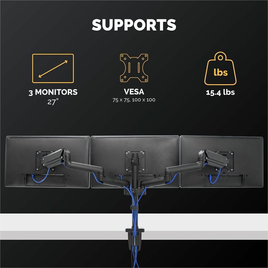 Fellowes Platinum Triple Monitor Arm, Black, Supports 3 Displays up to 90", 60 lb Load Capacity, 1 Each