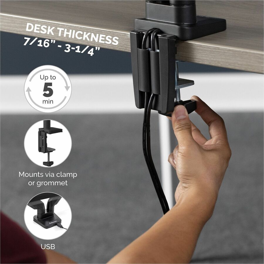 Fellowes Platinum Triple Monitor Arm, Black, Supports 3 Displays up to 90", 60 lb Load Capacity, 1 Each