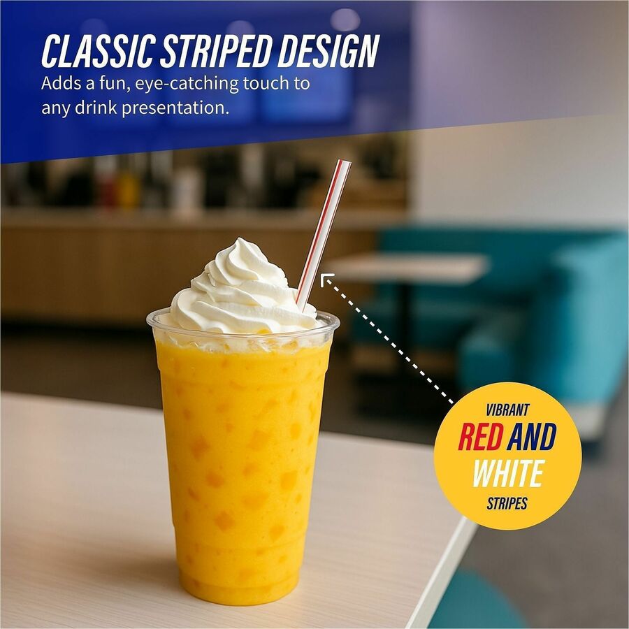 Genuine Joe Jumbo Striped Straws, 7.8" Length, Red and White, Plastic, 500 per Box