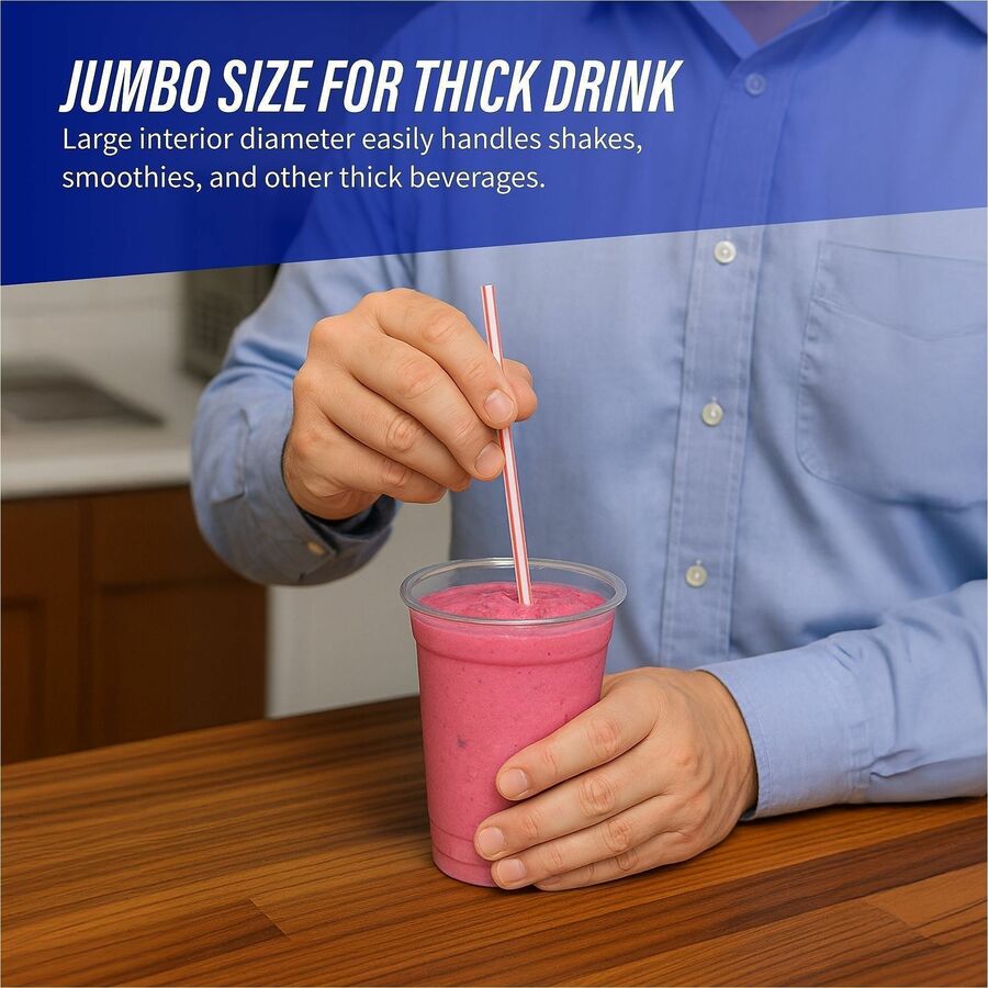 Genuine Joe Jumbo Striped Straws, 7.8" Length, Red and White, Plastic, 500 per Box