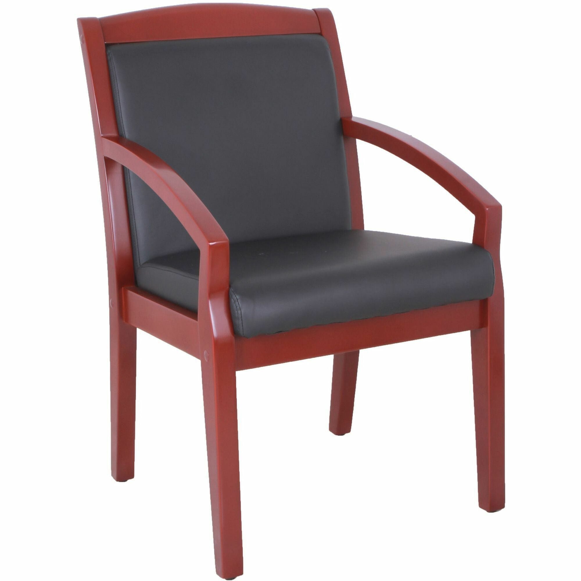 Lorell Sloping Arms Wood Frame Guest Chair, Black Bonded Leather, Mahogany Solid Rubberwood Frame, Four-Legged Base, 1 Each