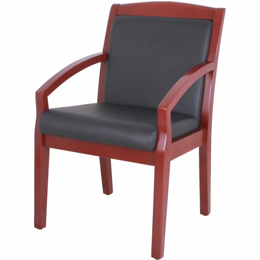 Lorell Sloping Arms Wood Frame Guest Chair, Black Bonded Leather, Mahogany Solid Rubberwood Frame, Four-Legged Base, 1 Each